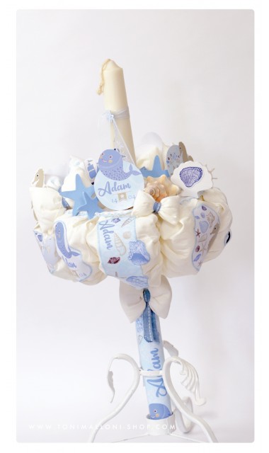 Lumanare botez cu scoici, balene si caluti de mare, 65x4 cm, Summer time  6